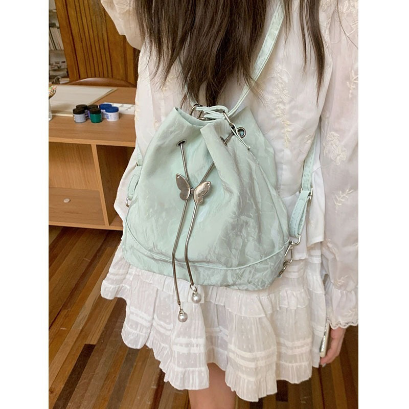 Mini Backpack Women - กระเป๋าเป้สะพายหลังผู้หญิงสีเขียวมิ้นท์ลายผีเสื้อ กระเป๋าสะพายไหล่สไตล์เกาหลีแบบใหม่ กระเป๋าถือทรงถังขนาดเล็ก น่ารักสไตล์คิวท์คอร์