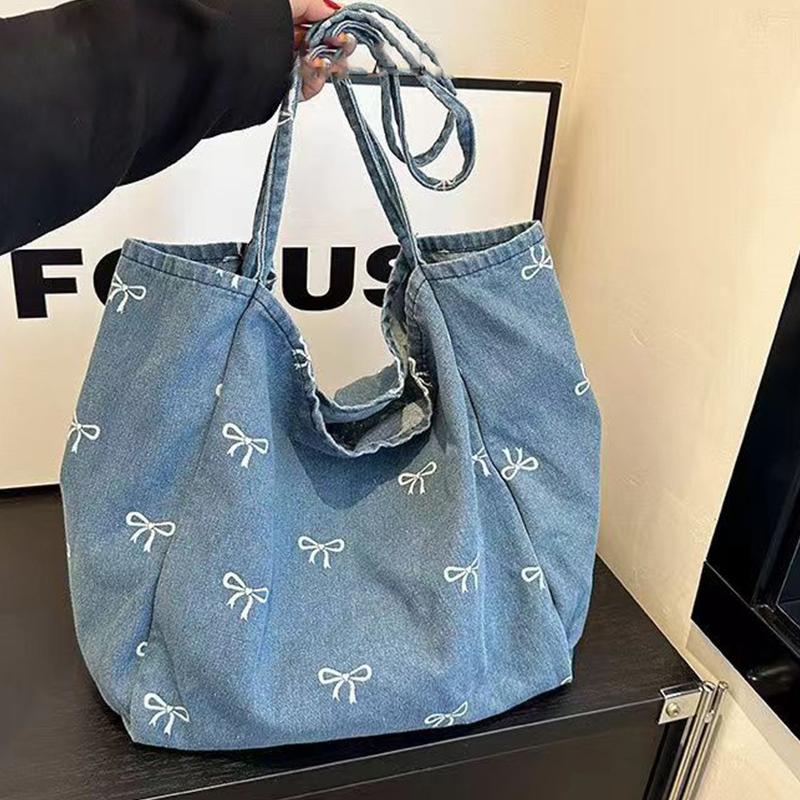 Women Bags Jeans - กระเป๋าผ้าแคนวาสลายโบว์สำหรับผู้หญิง ขนาดใหญ่ สะพายไหล่เดียว ใช้ได้ทุกวัน สำหรับทำงาน เดินทาง