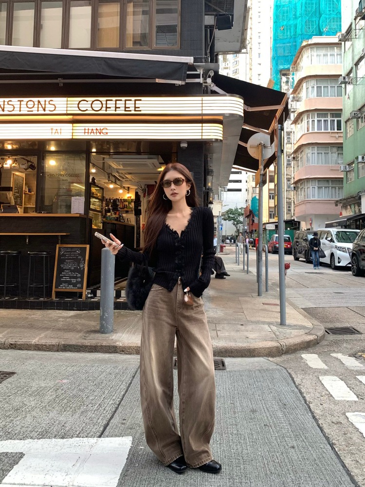 Women Bags Jeans - 【FANGTING】 กางเกงยีนส์ลำลองสไตล์วินเทจสำหรับผู้หญิง ดีไซน์กระเป๋าคาดเอวสุดเก๋ ทรงหลวม ขากว้าง โค้งมน