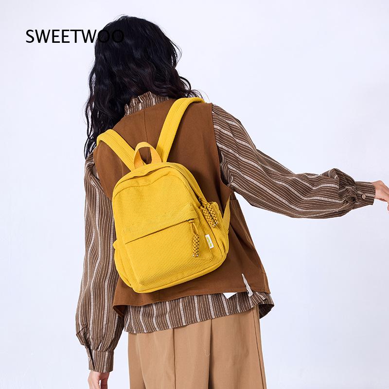 Mini Backpack Women - กระเป๋าเป้สะพายหลังขนาดเล็กผ้าลูกฟูกสีเหลืองมัสตาร์ด รุ่น 2026 พร้อมช่องกระเป๋าด้านหน้า สำหรับผู้หญิง