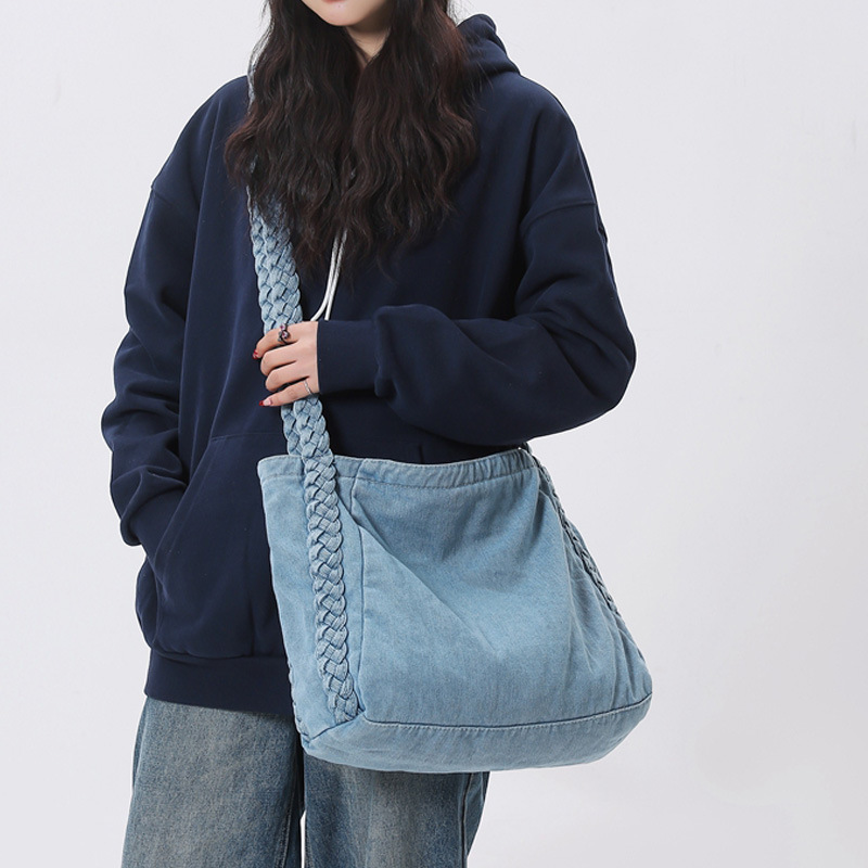 Women Bags Jeans - กระเป๋าผ้าเดนิมซักสำหรับผู้ชายและผู้หญิง กระเป๋าสะพายข้างผ้าแคนวาสความจุขนาดใหญ่พร้อมสายถัก กระเป๋าสะพายไหล่แบบวินเทจ