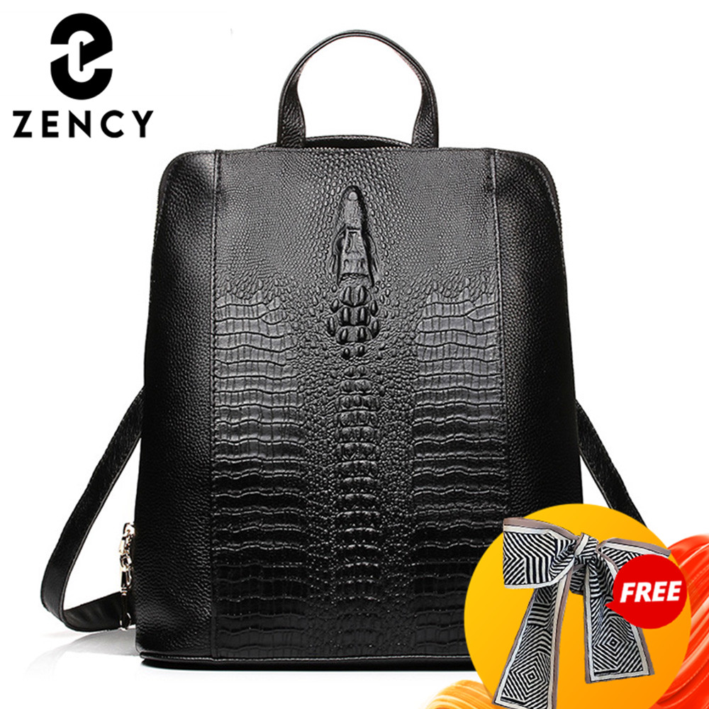 Mini Backpack Women - Zency 100% เป้หนังแท้สำหรับผู้หญิง, กระเป๋าเป้สะพายหลังลายจระเข้สำหรับผู้หญิงกระเป๋านักเรียนใส่โน๊ตบุ๊คของเด็กผู้หญิงกระเป๋าเดินทางคุณภาพสูง
