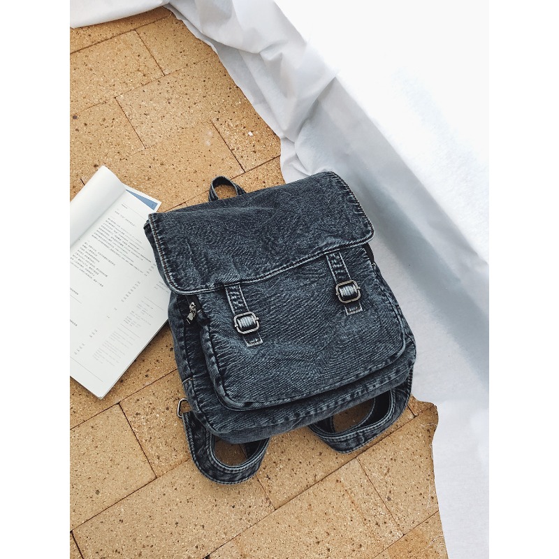 Women Bags Jeans - กระเป๋าเป้สะพายหลังยีนส์วินเทจสำหรับผู้หญิง กระเป๋าเป้แบบมีฝาปิดพร้อมหัวเข็มขัด กระเป๋าหนังสือยีนส์สีน้ำเงินสไตล์เรโทร สำหรับเดินทางและใช้ในชีวิตประจำวัน