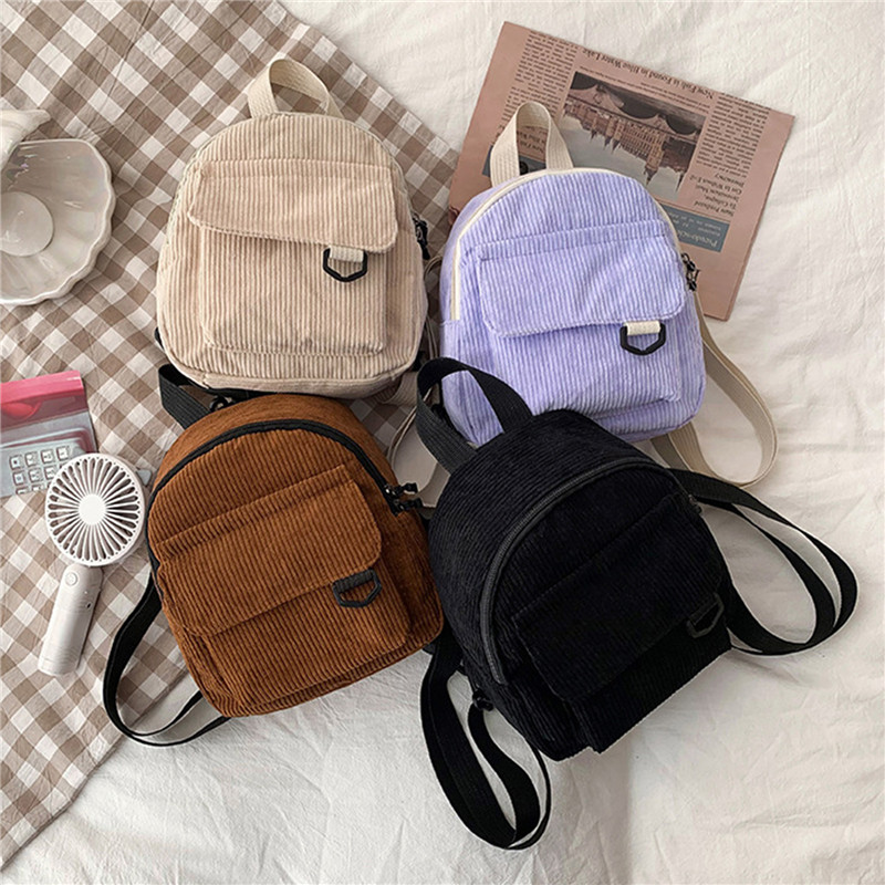 Mini Backpack Women - สีทึบกระเป๋าเป้สะพายหลังมินิ Corduroy กระเป๋าเป้สะพายหลังขนาดเล็กสบายๆนักเรียน Bookbags เดินทาง Rucksack
