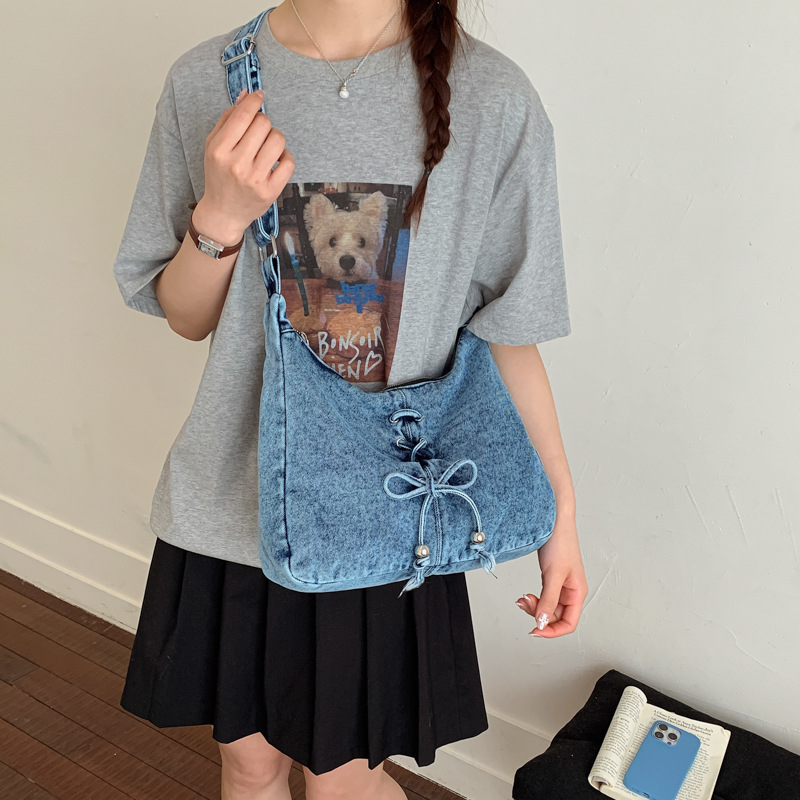 Women Bags Jeans - กระเป๋าสะพายข้างผ้าเดนิมแฟชั่นสำหรับผู้หญิง ความจุเยอะ สไตล์ลำลอง ดีไซน์โบว์น่ารัก ใช้งานได้หลากหลาย กระเป๋าสะพายไหล่ผ้าเดนิมฟอกนุ่ม